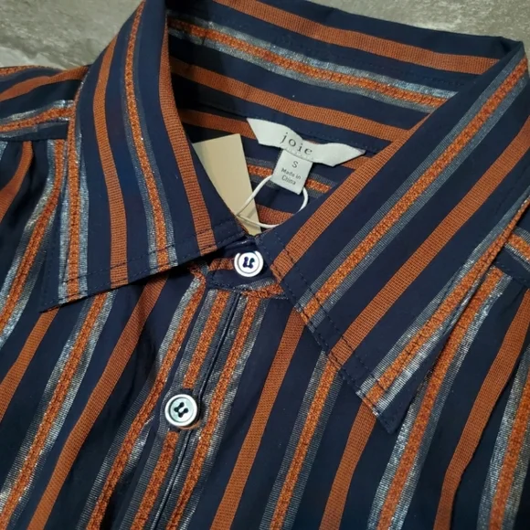NWT Joie "Dyllis Dark Sapphire" short sleeves blouse. Blue, orange, metallic. S. - Picture 3 of 9
